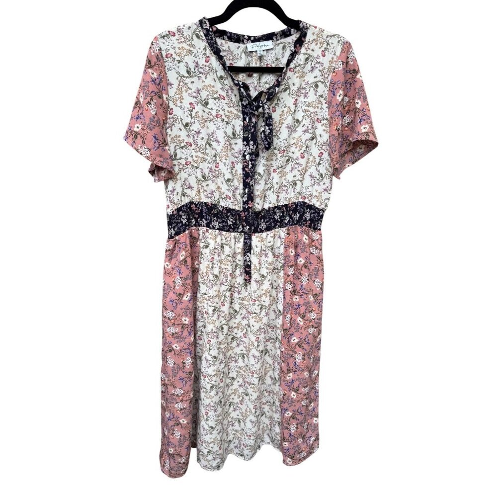 Floral Patchwork Short-Sleeve Midi Dress With Tie Neck Detail By Polagram